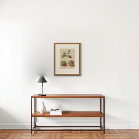Antique Print of Pomme d'Api, Padly's Pippin and Bigg's Nonsuch Apples, shown framed on a wall, true to size