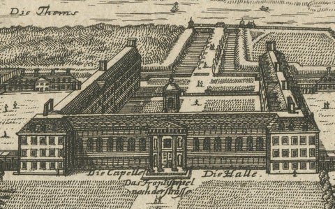 Antique Engraving of Chelsea College, View with Formal Gardens, ca.1705, close-up 4