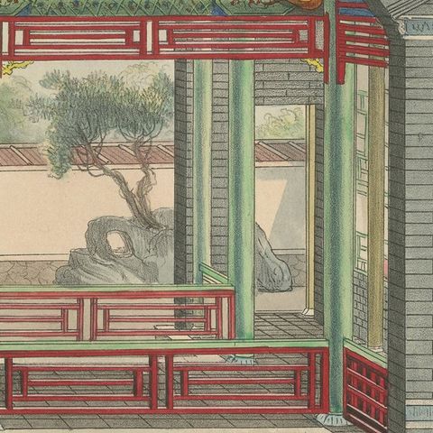 Antique Print of a Pleasure House next to the Gardens, close-up 2