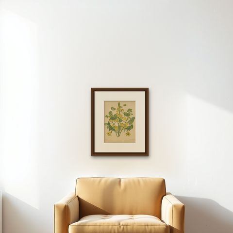 Antique Flower Print of the Senna Marilandica, 1879, shown framed on a wall, true to size