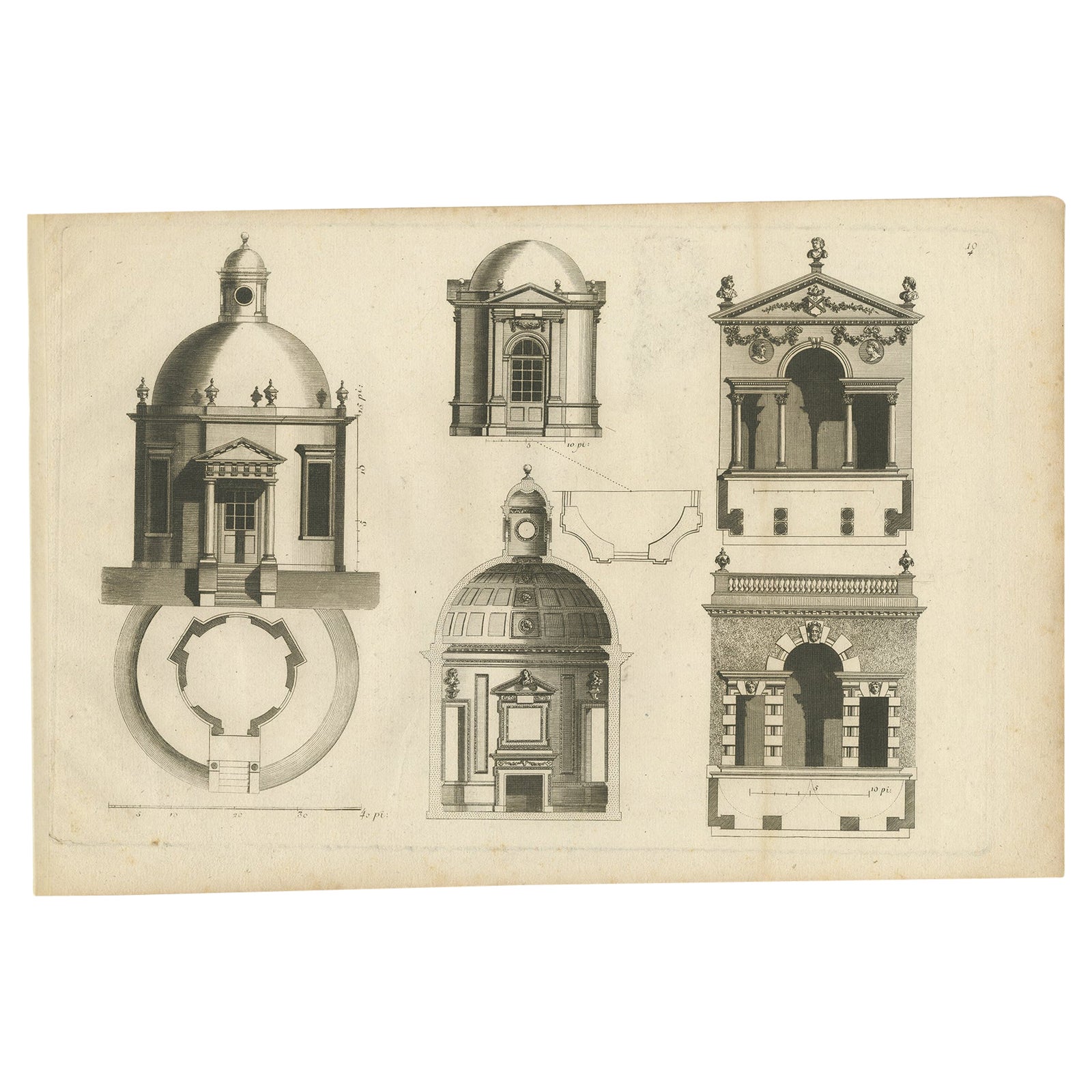 Pl. 10 Antique Print of various Garden Temples by Le Rouge, c.1785