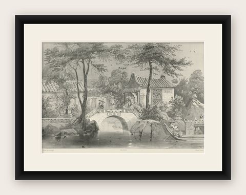 Antique Print of a Garden in Guangzhou in China, circa 1850, shown framed