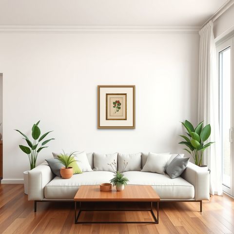 Two Stems with Red Flowers, Botanical Watercolor by A.L., 1819, shown framed in a room, true to size