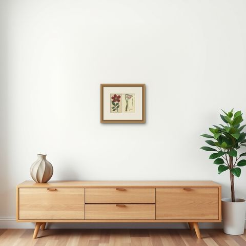 1871 Botanical Prints of Paeonia and Butomus from Tunbridge Wells Flora, shown framed on a wall, true to size