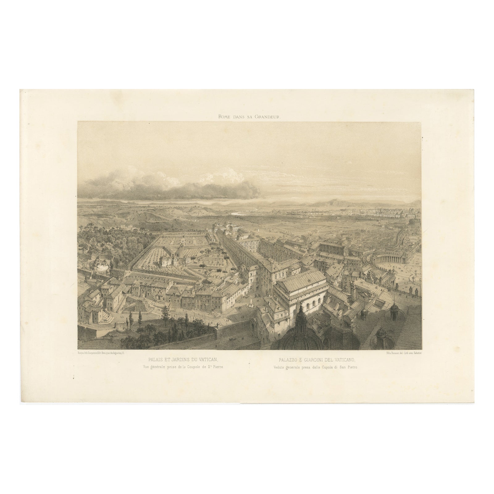 Rome Vatican Palace and Gardens from St Peter’s Dome, Benoist 1869 Lithograph