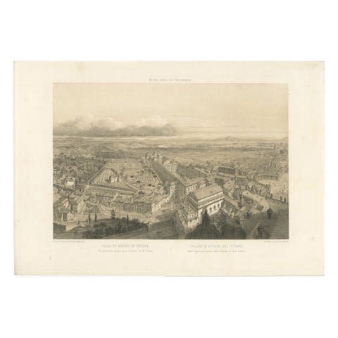 Rome Vatican Palace and Gardens from St Peter’s Dome, Benoist 1869 Lithograph