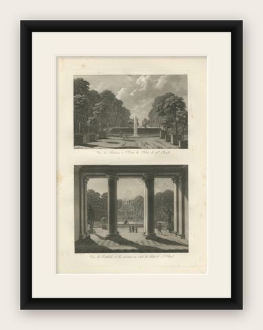 Views of the Gardens and Vestibule of Saint-Cloud Palace by Baltard, 1803, shown framed