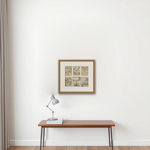 Set of 6 Antique Mycology Prints of Various Fungi by Barla, circa 1890, shown framed on a wall, true to size