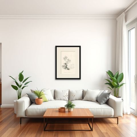 Antique Botany Print of Palm Species by Blume 'c.1840', shown framed in a room, true to size