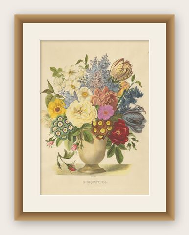 Antique Print of a Flower Bouquet by Villain, circa 1850, shown framed