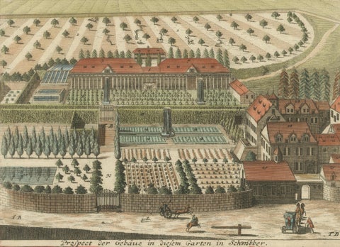 Grand Baroque Garden Estate View, Schwöbber Palace, Hand-Colored, 1708, close-up 3