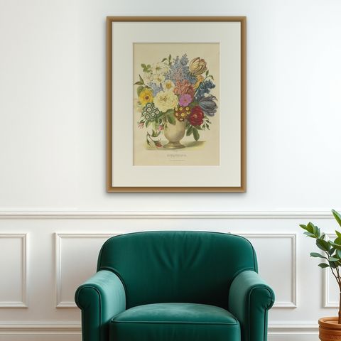 Antique Print of a Flower Bouquet by Villain, circa 1850, shown framed on a wall, true to size