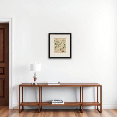 Antique Indigo & Madder Botanical Print, Indigofera & Rubia Tinctorum, c.1831, shown framed on a wall, true to size