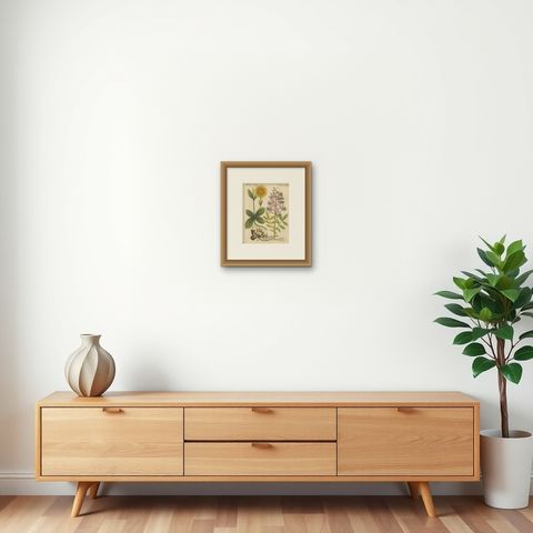 Antique Botanical Engraving, Yellow Flower & Pink Bladder Senna, Pflanzen CXXXV, shown framed on a wall, true to size