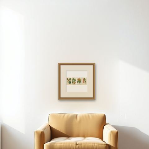 Lush and Vibrant: A Collection of Exotic Botanical Illustrations, circa 1875, shown framed on a wall, true to size