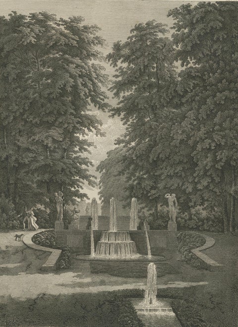 Set of Two Saint-Cloud Garden Fountain Engravings by Baltard, Paris, 1803, close-up 2