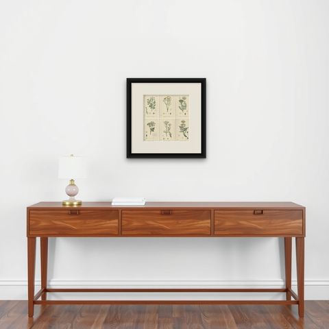 Antique English Botanical Prints, British Wildflowers & Herbs for Interiors, shown framed on a wall, true to size