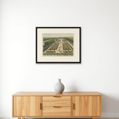 Rare Chromolithograph of An Estate with Garden in the 18th Century, ca.1900, shown framed on a wall, true to size
