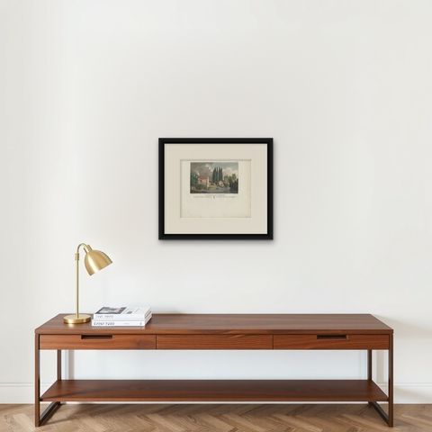 Antique Print of the Mill of the Gardens of Maupertuis by Laborde, 1808, shown framed on a wall, true to size