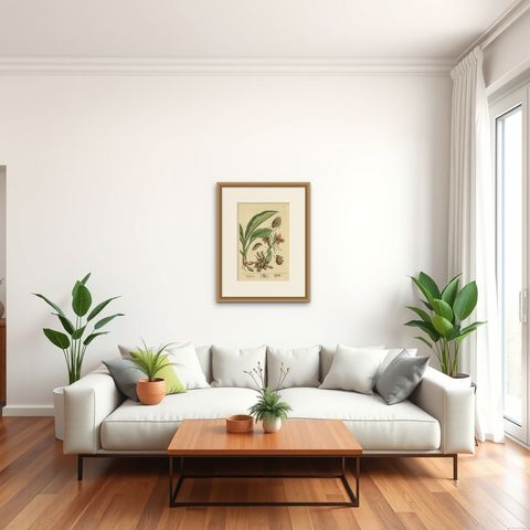 Botanical Illustration of White Turmeric (Curcuma zedoaria) by Blackwell, 1696, shown framed in a room, true to size