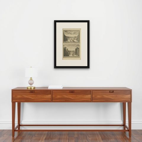 Antique Print of the Gardens of an Estate in Velsen, The Netherlands, circa 1730, shown framed on a wall, true to size
