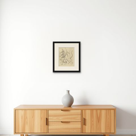 Two Grasses with Flower Details, Antique Bertuch Print, circa 1818, shown framed on a wall, true to size