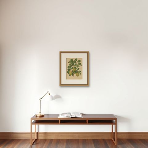 Antique Hand-Colored Flower Print of the Coe's Golden Drup Plum, 1879, shown framed on a wall, true to size