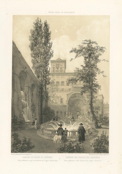 Gardens of the Quirinal Palace, Rome, Elegant Fountain Scene, 1868, close-up 1
