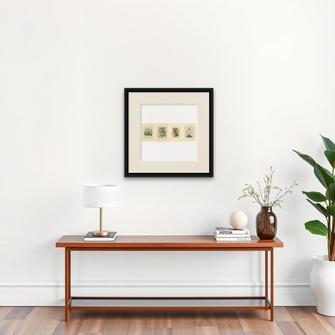 Set of Four Hand-Colored Botanical Prints from Book of Worlds, 1848, shown framed on a wall, true to size