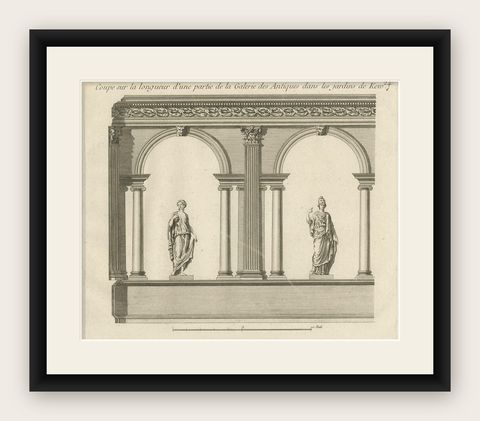 Copper Engraving of a Section of the Royal Botanic Gardens, Kew, London, 1776, shown framed