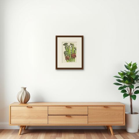 Drummond's Pitcher Plant: Hand-Colored Lithograph by Louis van Houtte, 1855, shown framed on a wall, true to size