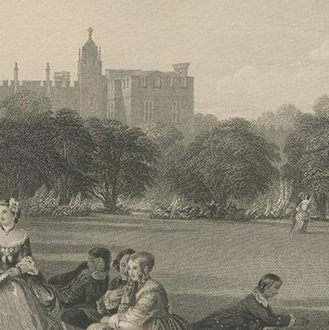 Antique Print of Figures in the Garden of Hampton Court Palace, 'c.1860', close-up 2