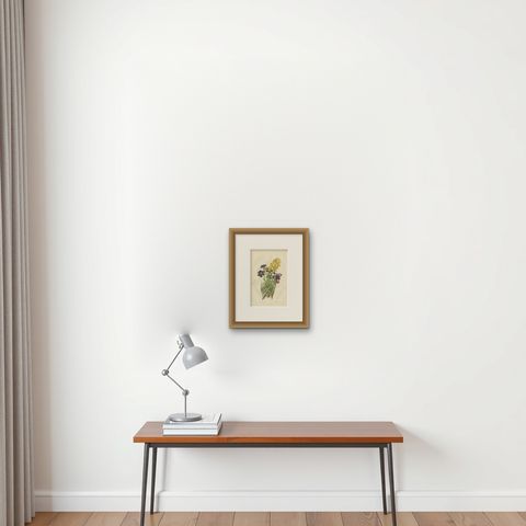 Decorative Antique Botany Print of the Wallflower, c.1860, shown framed on a wall, true to size