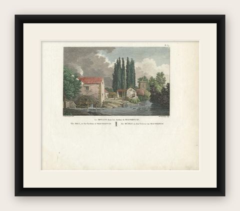 Antique Print of the Mill of the Gardens of Maupertuis by Laborde, 1808, shown framed