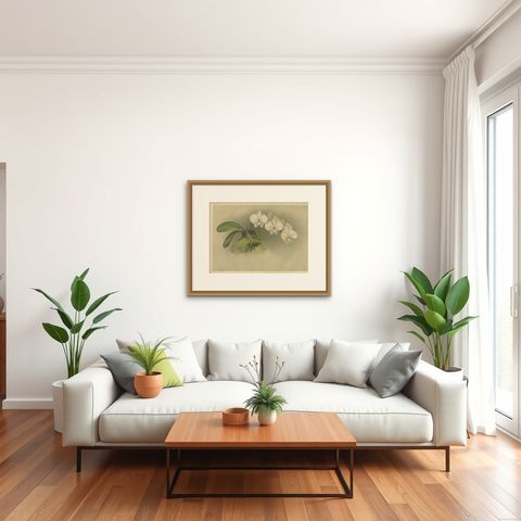 Victorian Botanical Print, White Phalaenopsis Casta Orchid, Published ca.1888, shown framed in a room, true to size