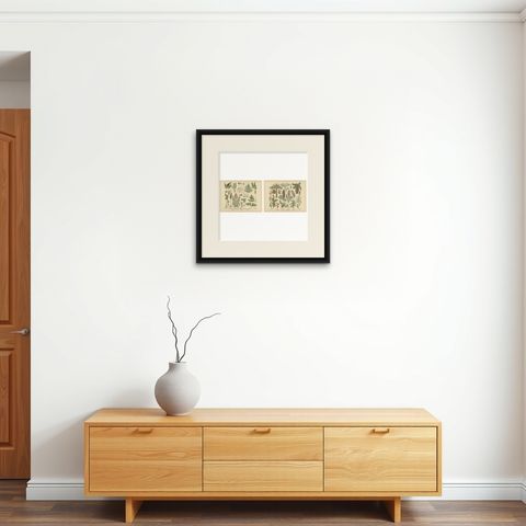 Antique German Botanical Atlas Plates, Tafel 13 to 14, Ferns & Conifers, 1885, shown framed on a wall, true to size