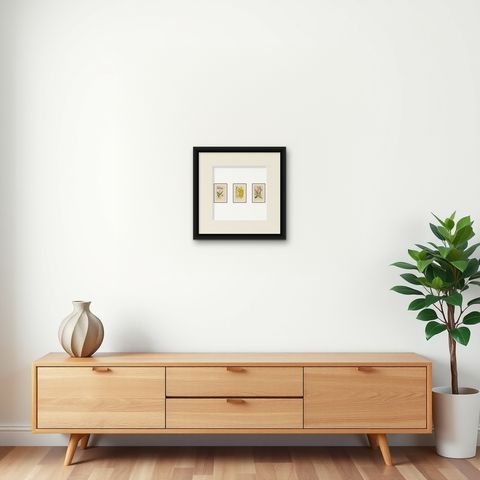 Set of 3 antique orchid lithographs, Dendrobium & Cattleya species, 1897, shown framed on a wall, true to size