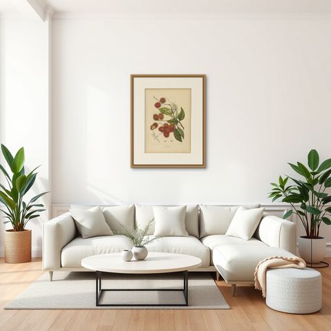 Original Antique Rambutan Botanical Chromolithograph by Hoola van Nooten, c.1880, shown framed in a room, true to size