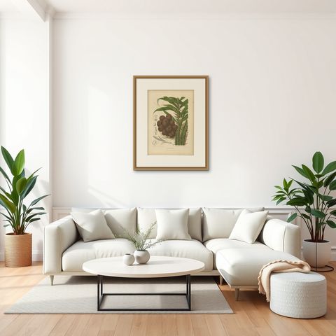 Antique Salak Palm Botanical Chromolithograph by Hoola van Nooten, c. 1880, shown framed in a room, true to size
