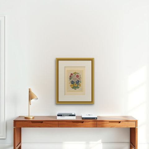 Victorian Floral Bouquet with Garden Blooms from Book of Worlds, 1863, shown framed on a wall, true to size