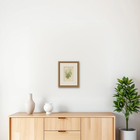 Antique Botany Print of Wood Stitch Wort, C.1860, shown framed on a wall, true to size