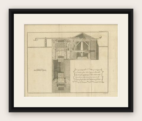 Antique Print of a New Engine in Painshill Garden, 1771, shown framed