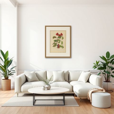 Original Antique Botanical Chromolithograph of Chinese Sterculia, c. 1880, shown framed in a room, true to size