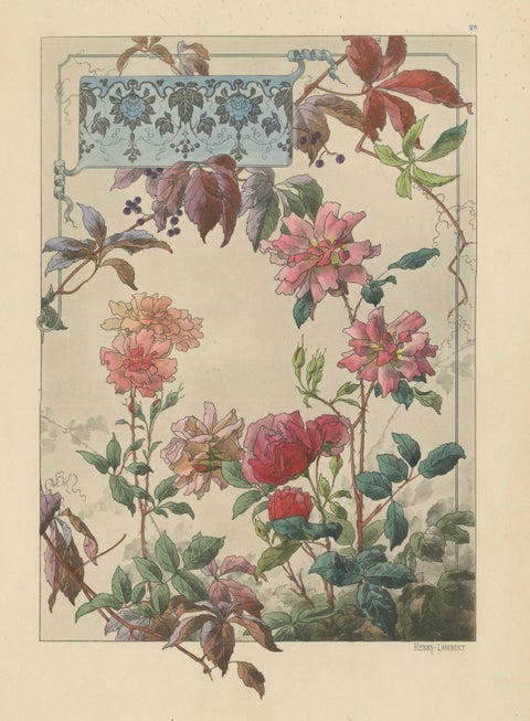 The Elegance of Bengal Roses and Virginia Creeper in Art Nouveau Design, 1896, close-up 5