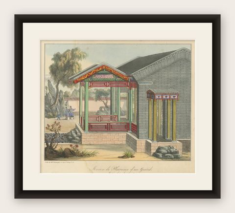 Antique Print of a Pleasure House next to the Gardens, shown framed