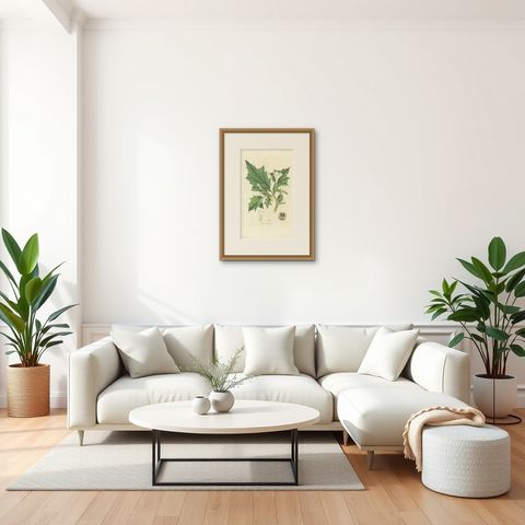 Antique Botany Print of Datura Stramonium by Curtis 'circa 1817', shown framed in a room, true to size