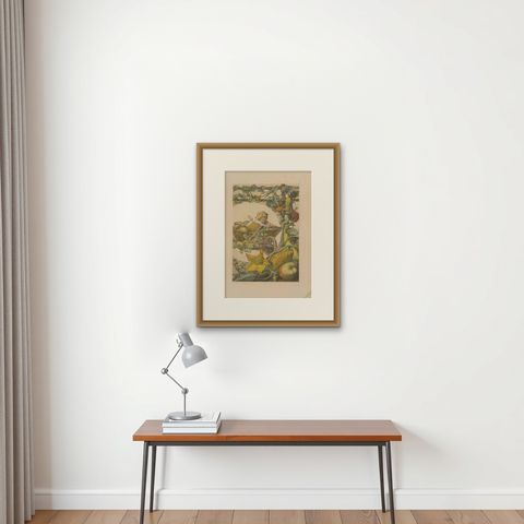 Antique Botany Print of Pumpkin Plants, 1890, shown framed on a wall, true to size