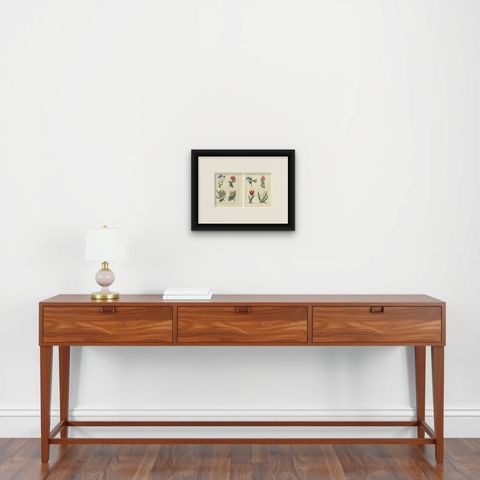 Beautiful Pair of Vintage Botanical Flower Prints, incl a Flame Tulip, 1828, shown framed on a wall, true to size