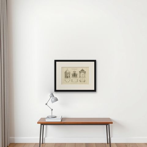 Pl. 8 Antique Print of Various Garden Temples by Le Rouge, c.1785, shown framed on a wall, true to size