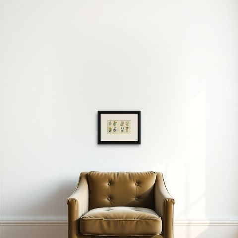 Pair of Hand-Colored Botanical Engravings of Wild and Cultivated Flowers, 1828, shown framed on a wall, true to size